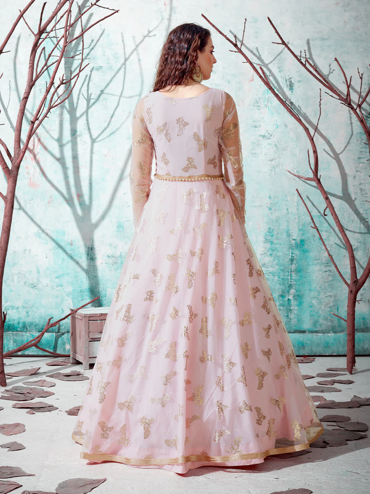 Odette Women Designer Pink Net Semi Stitched Gown - Image 4