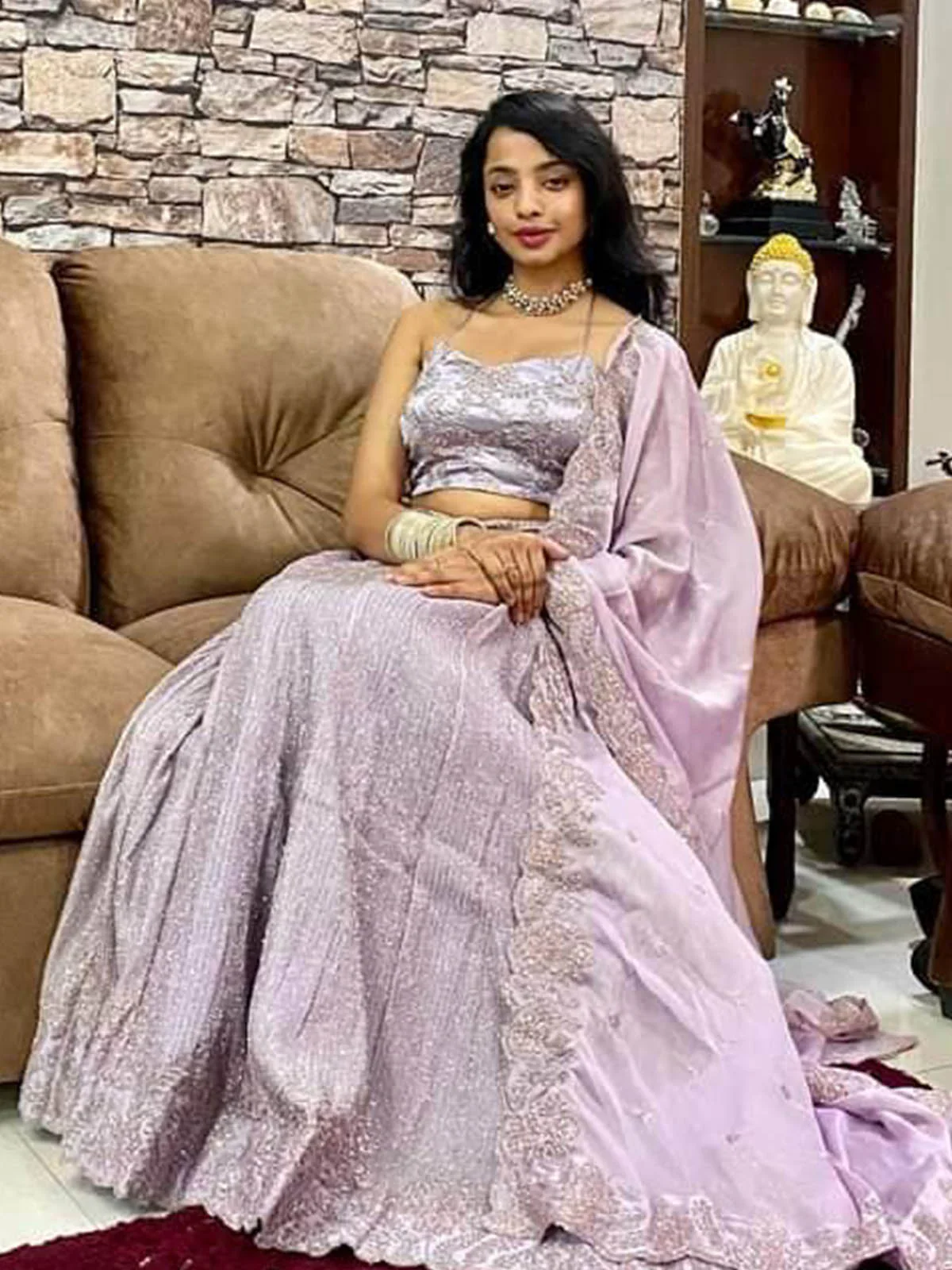 Odette Women Designer Lilac Silk Blend Semi Stitched Lehenga With Unstitched Blouse - Image 3
