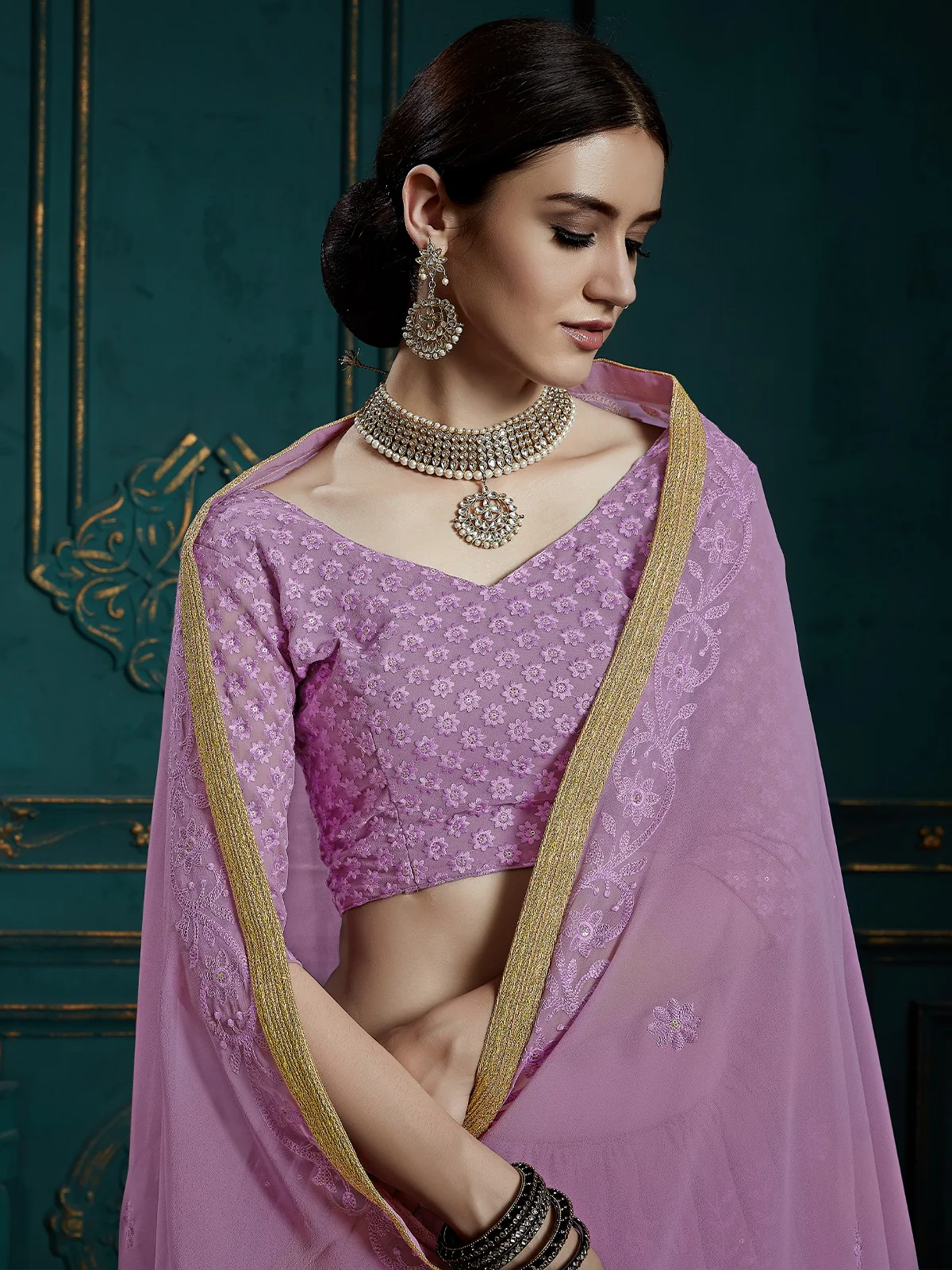 Odette Women Designer Purple Soft Net Semi Stitched Lehenga With Unstitched Blouse - Image 3