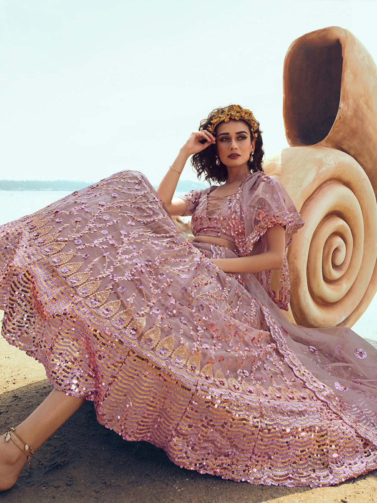 Odette Women Designer Purple Soft Net With Sequins Thread Semi Stitched Lehenga With Unstitched Blouse - Image 3