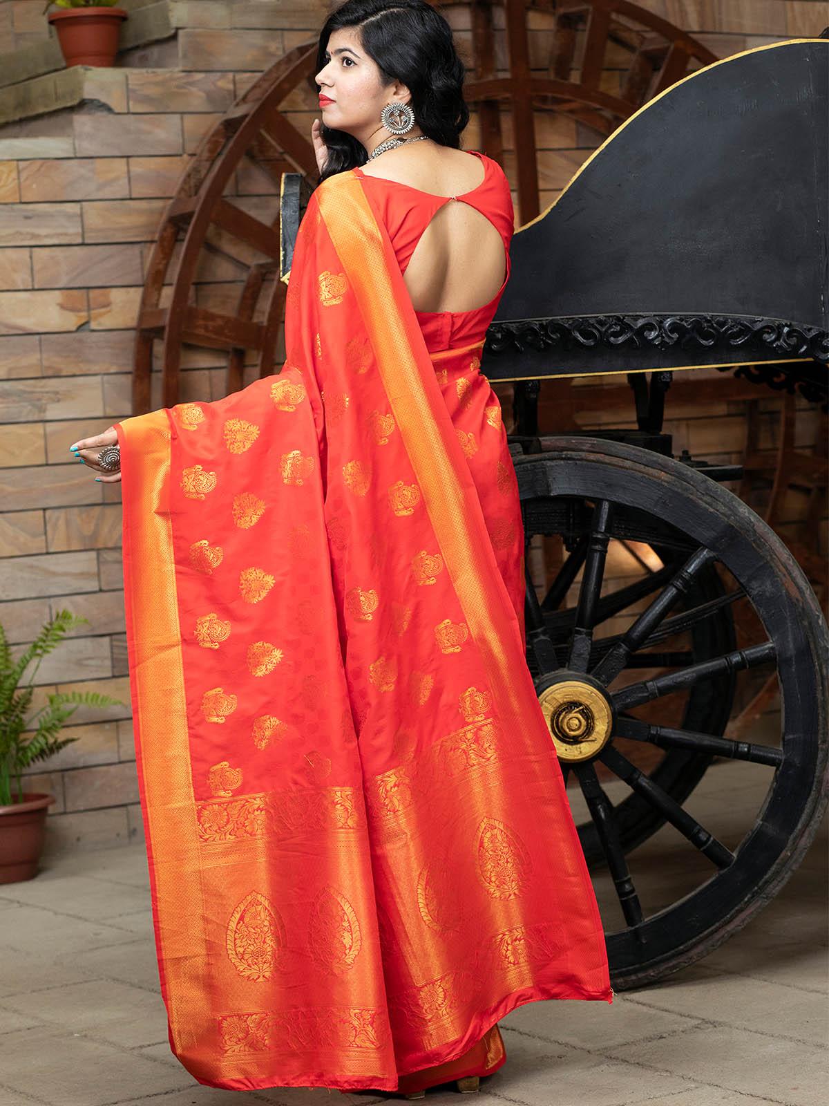 Odette Women Designer Red Banarasi Silk Saree With Unstitched Blouse - Image 2