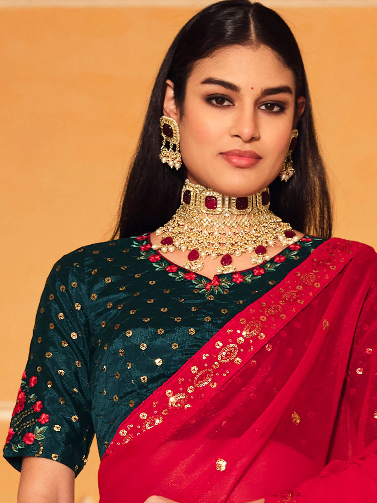 Odette Women Designer Red Chinon Saree With Unstitched Blouse - Image 2
