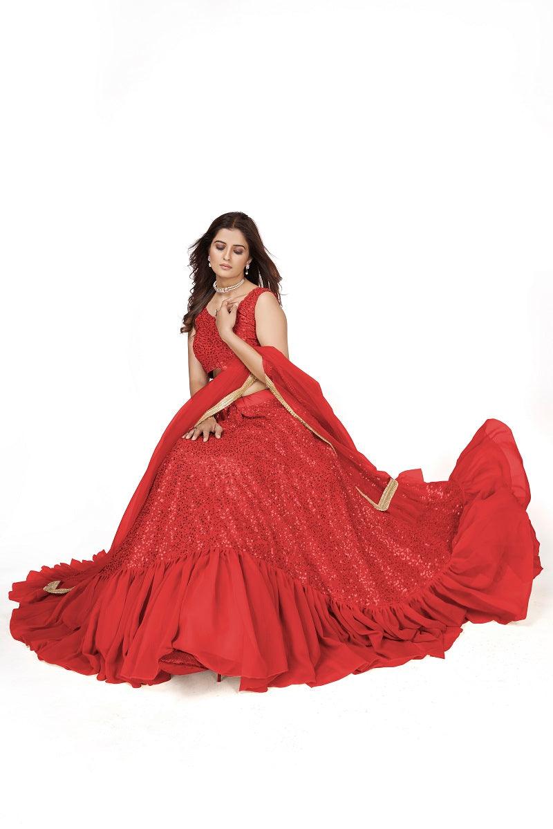 Odette Women Designer Red Georgette Semi Stitched Lehenga With Unstitched Blouse - Image 2