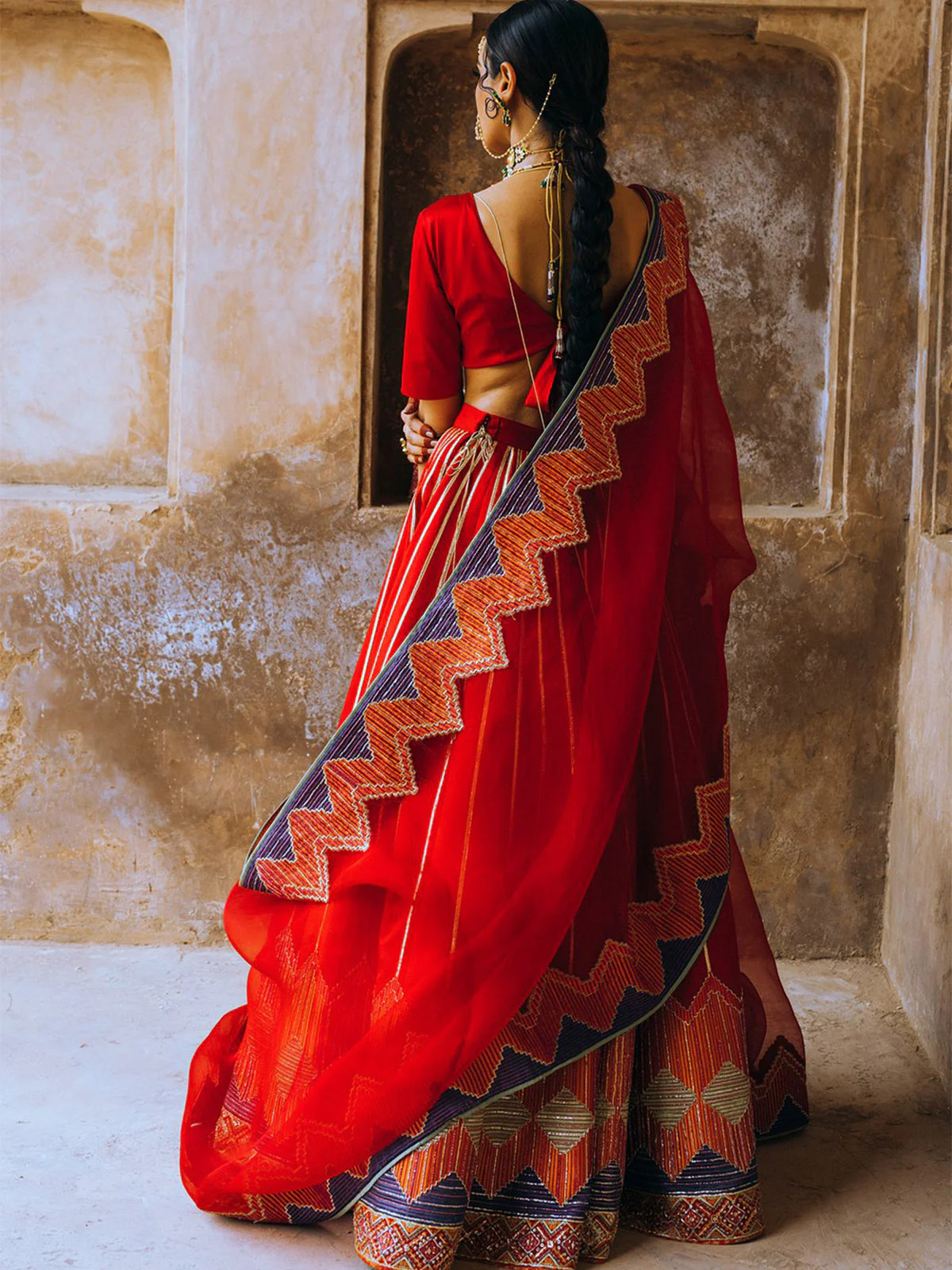 Odette Women Designer Red Semi Stitched Lehenga With  Unstitched Blouse - Image 2