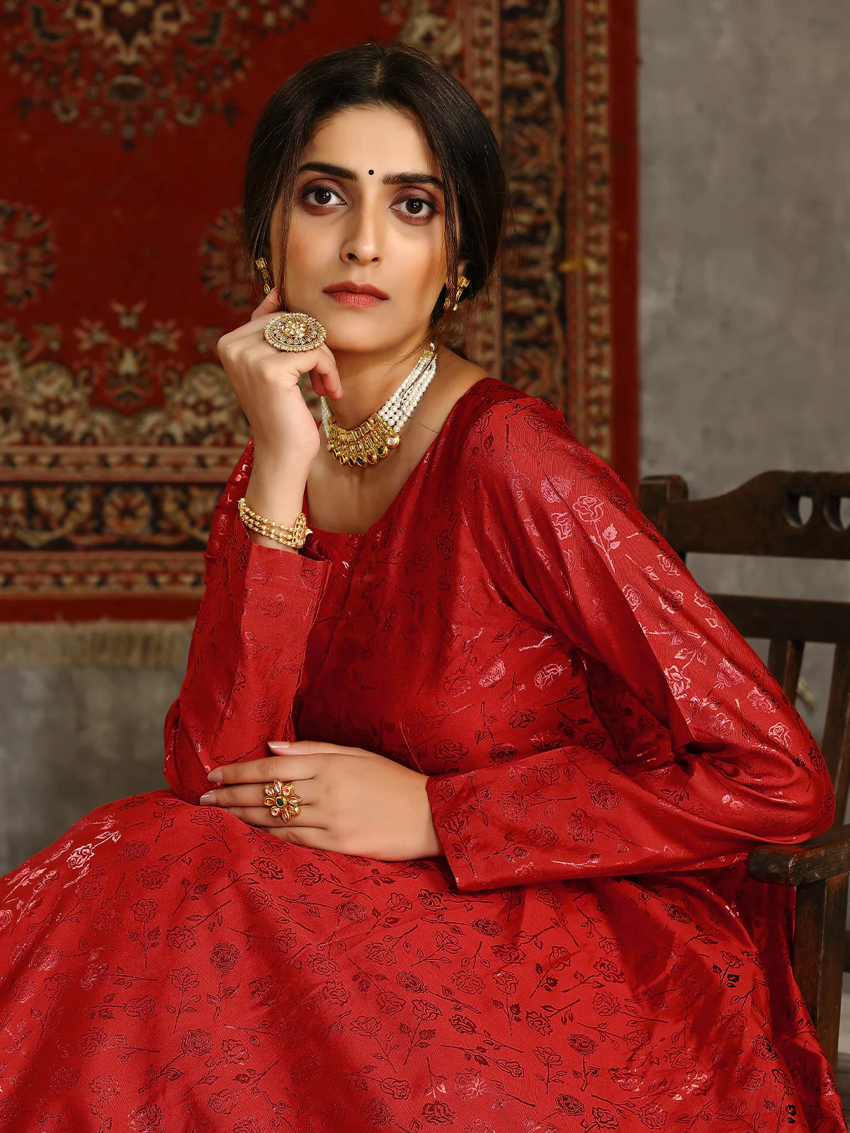 Odette Women Designer Red Taffeta Semi Stitched Gown - Image 4