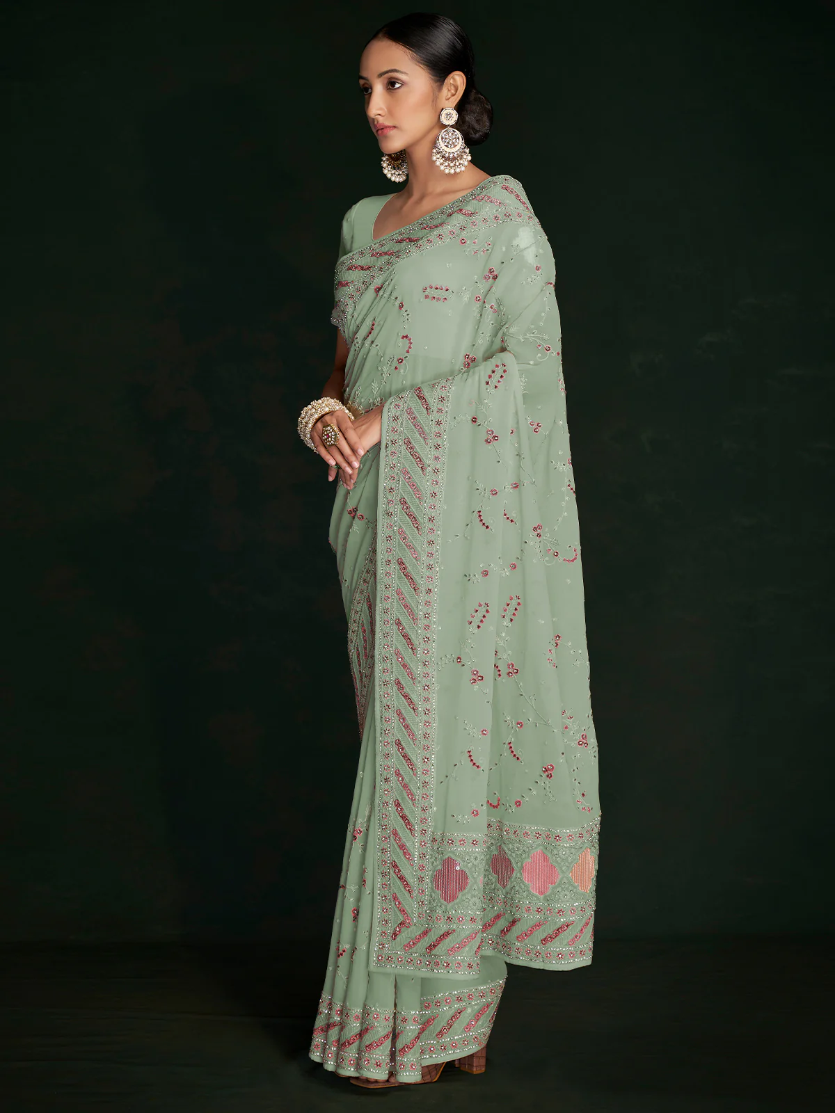 Odette Women Designer Sea Green Georgette Embroidered Saree With Unstitched Blouse - Image 3