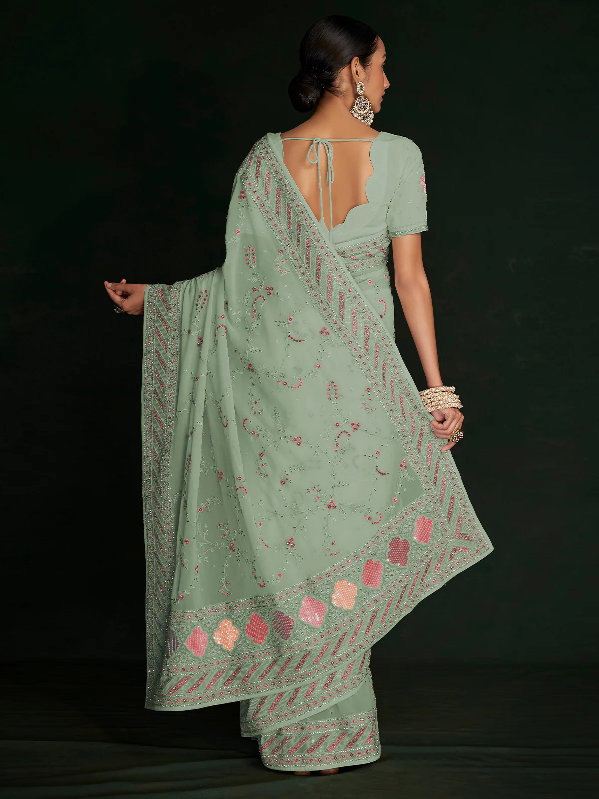 Odette Women Designer Sea Green Georgette Embroidered Saree With Unstitched Blouse - Image 4