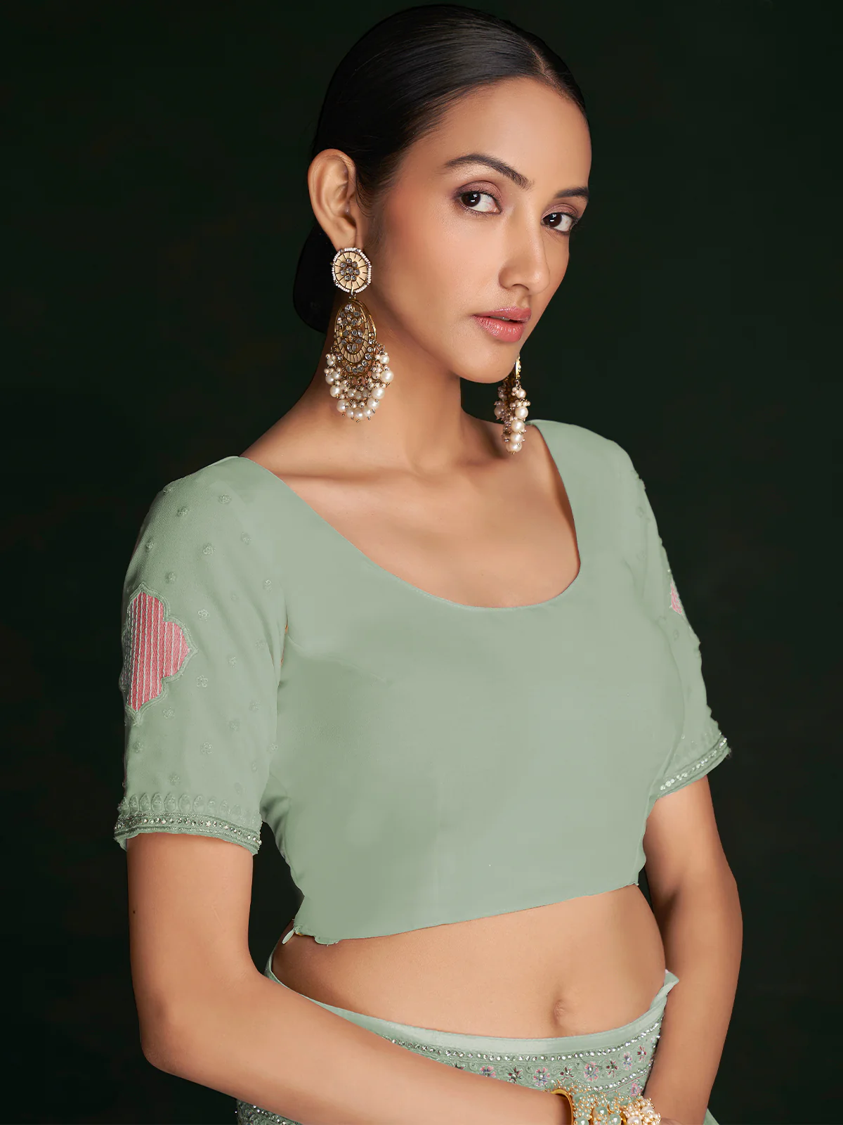 Odette Women Designer Sea Green Georgette Embroidered Saree With Unstitched Blouse - Image 5