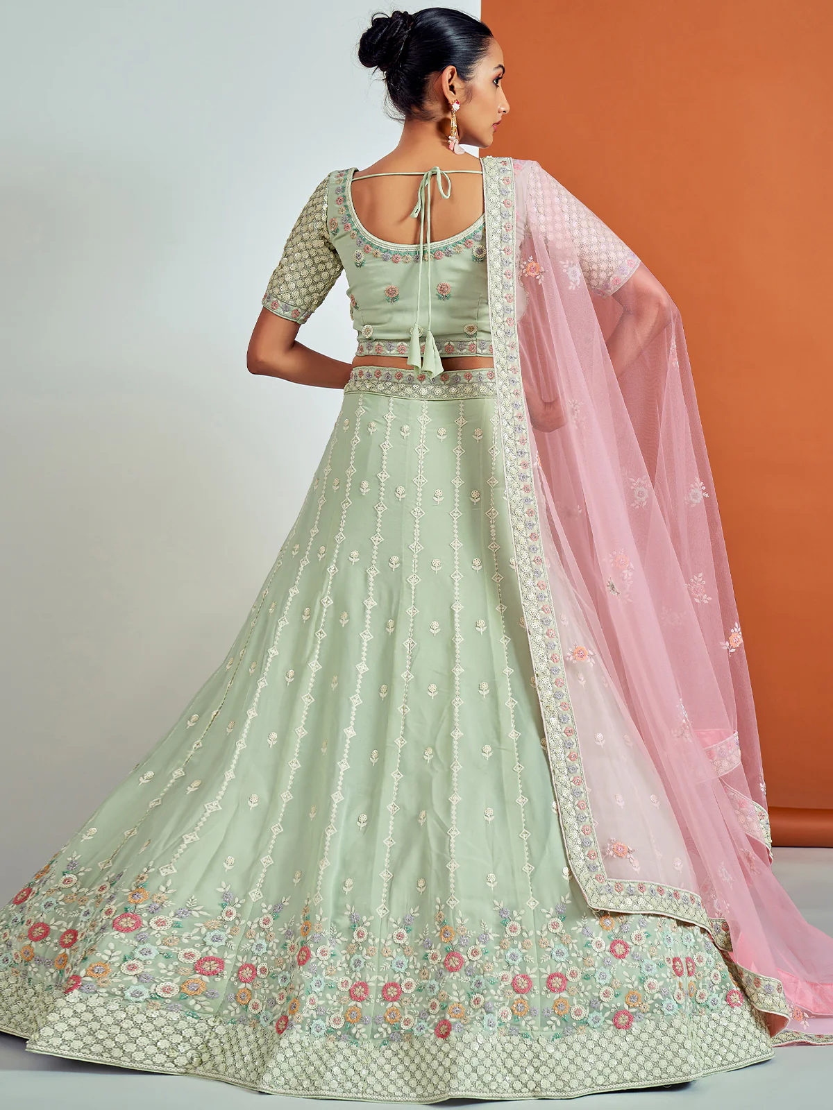 Odette Women Designer Sea Green Georgette Semi Stitched Lehenga With Unstitched Blouse - Image 4