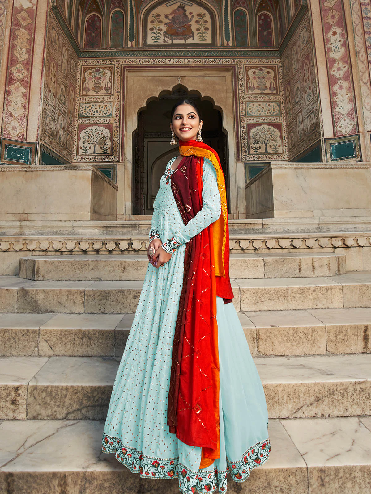 Odette Women Designer Sky Blue Georgette Semi Stitched Gown - Image 2