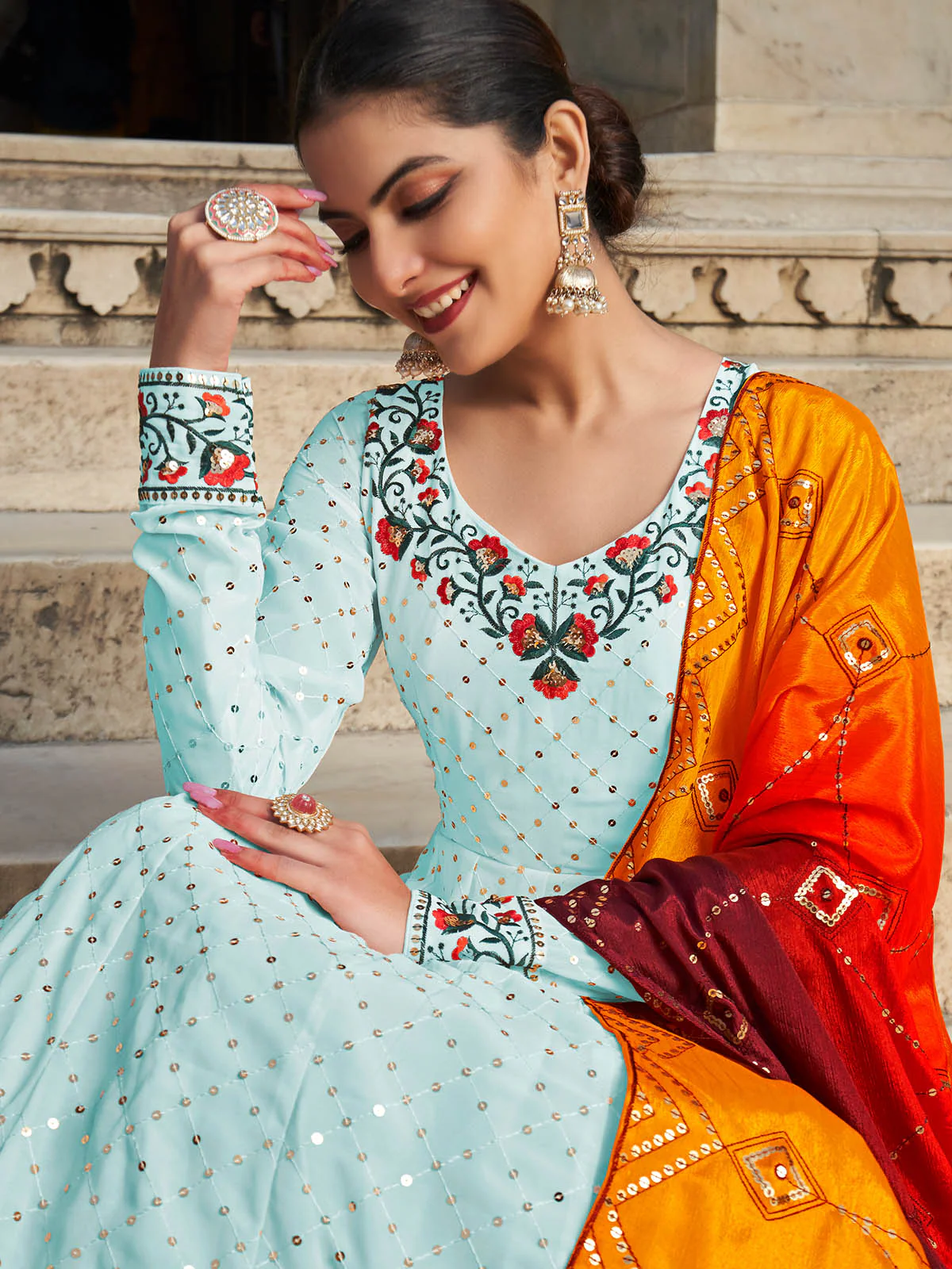 Odette Women Designer Sky Blue Georgette Semi Stitched Gown - Image 3