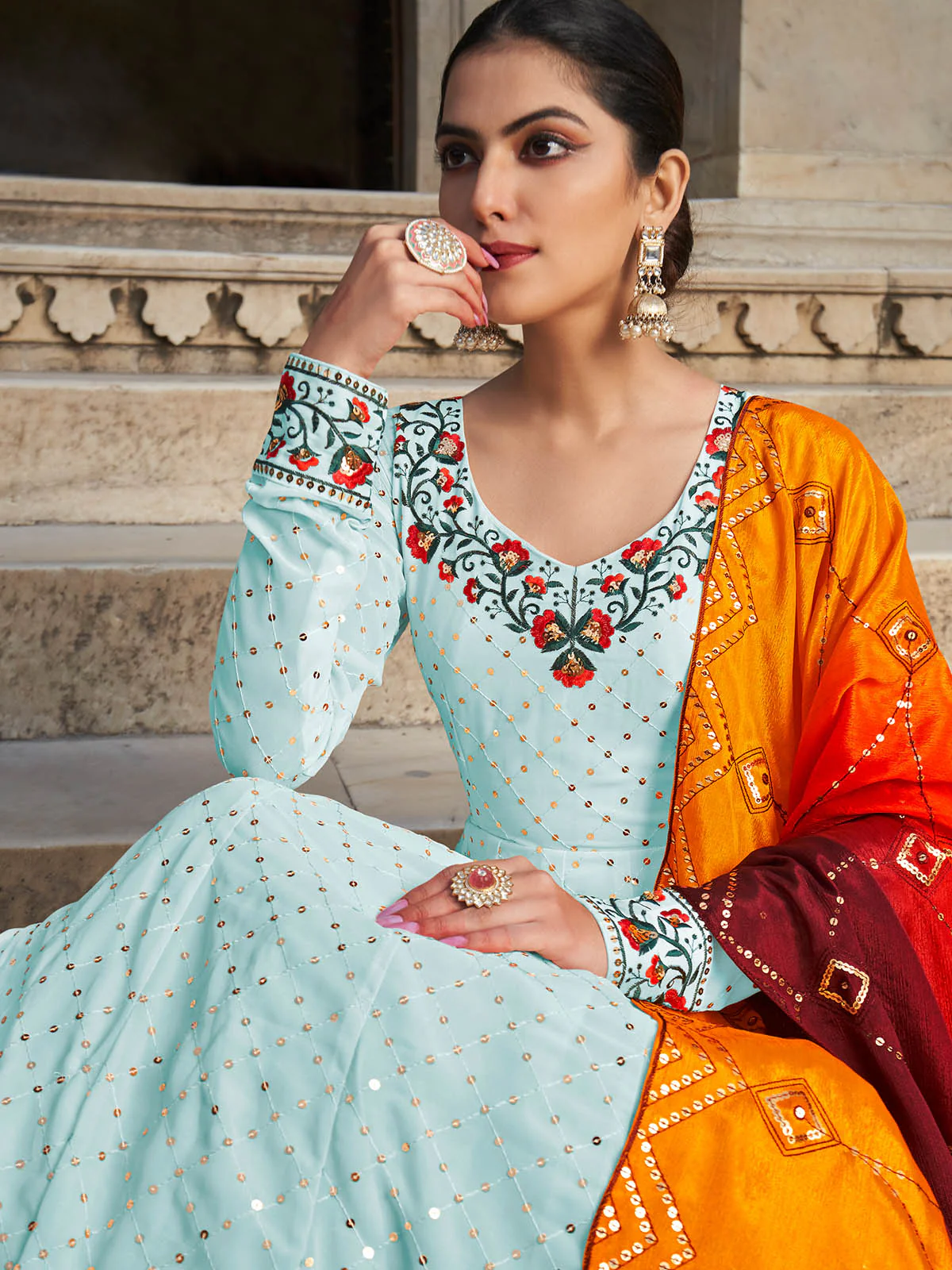 Odette Women Designer Sky Blue Georgette Semi Stitched Gown - Image 4