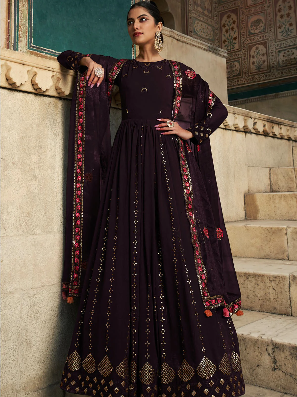 Odette Women Designer Violet Georgette Semi Stitched Gown - Image 2