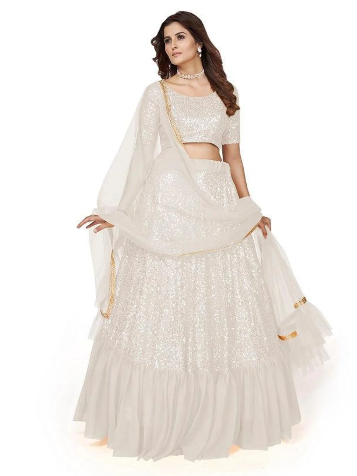 Odette Women Designer White Georgette Semi Stitched Lehenga With Unstitched Blouse - Image 2