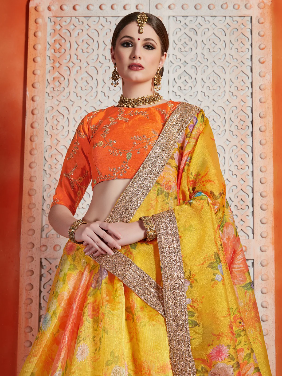 Odette Women Designer Yellow Organza Semi Stitched Lehenga With  Unstitched Blouse - Image 2