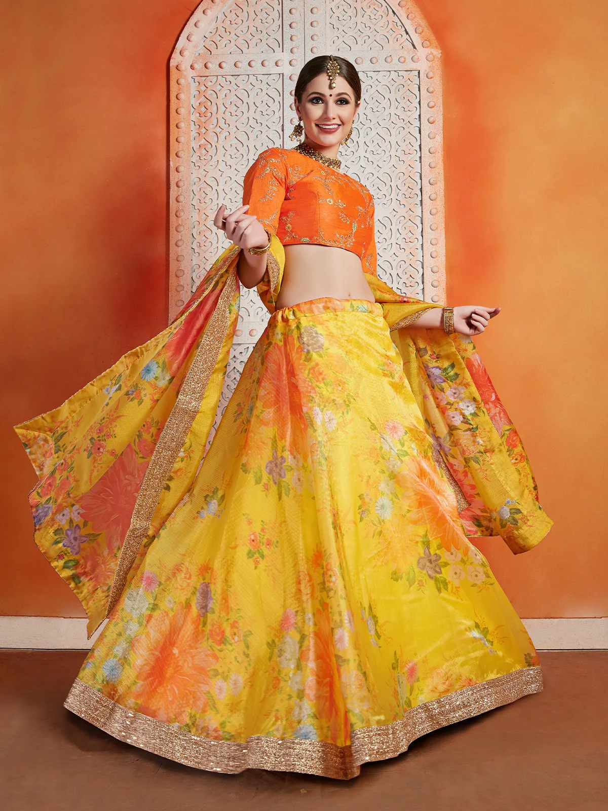 Odette Women Designer Yellow Organza Semi Stitched Lehenga With  Unstitched Blouse - Image 3