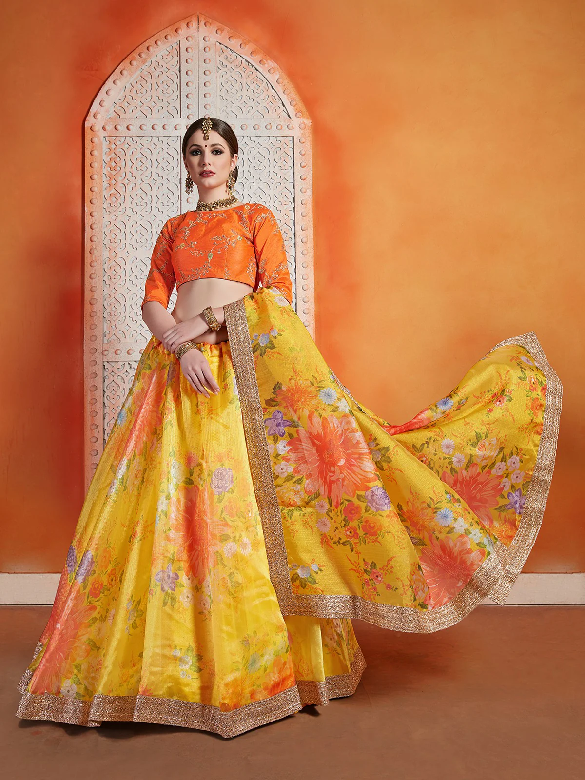 Odette Women Designer Yellow Organza Semi Stitched Lehenga With  Unstitched Blouse - Image 4