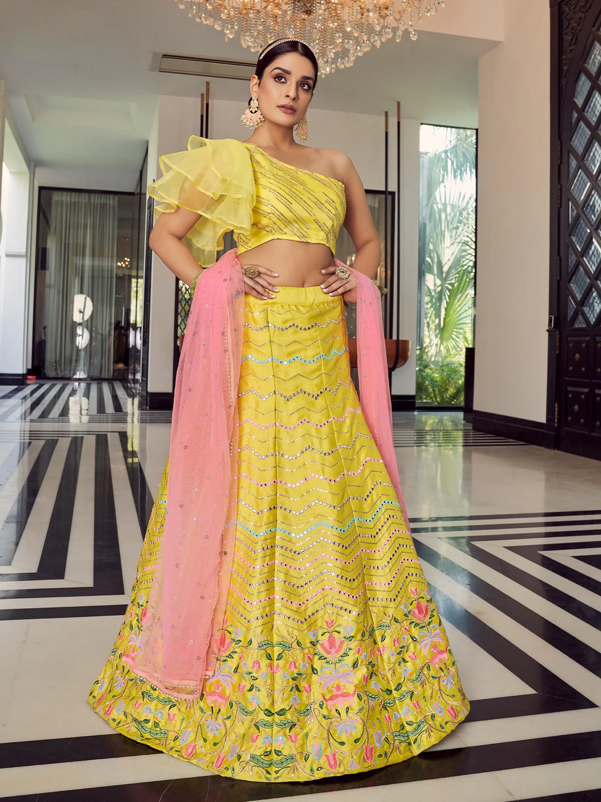 Odette Women Designer Yellow Art Silk Semi Stitched Lehenga With Unstitched Blouse - Image 2