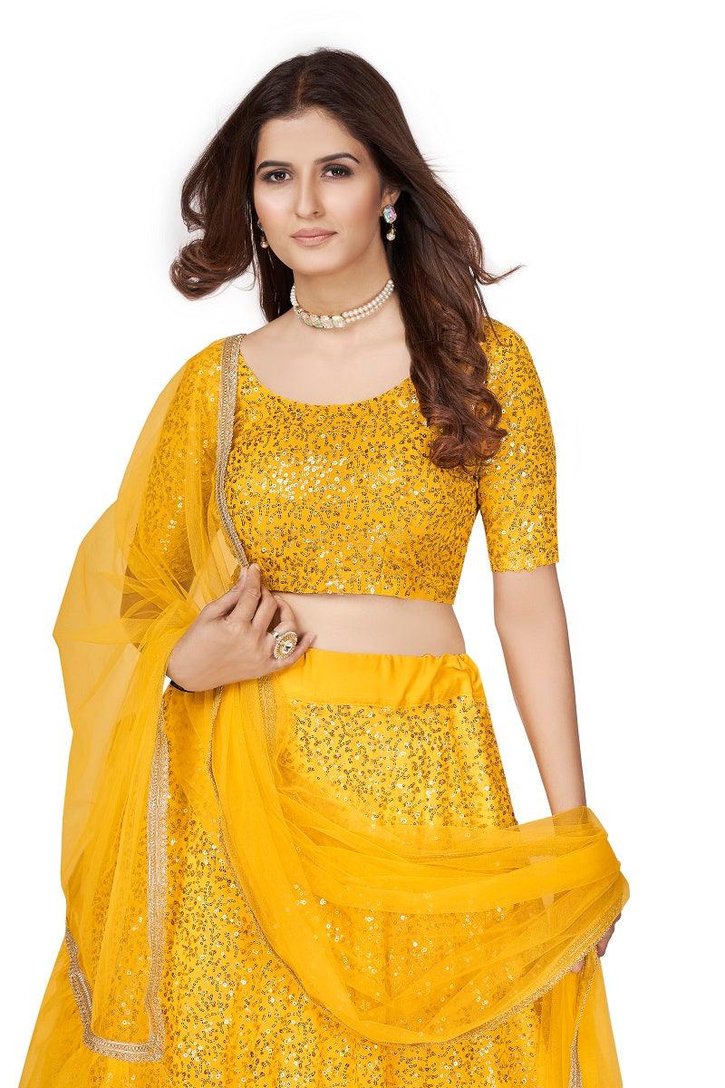 Odette Women Designer Yellow Georgette Semi Stitched Lehenga With  Unstitched Blouse - Image 3