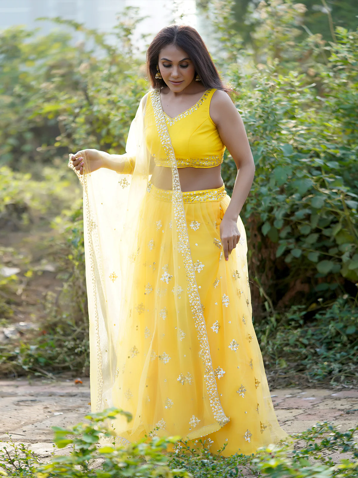 Odette Women Designer Yellow Net Semi Stitched Lehenga With Unstitched Blouse - Image 2
