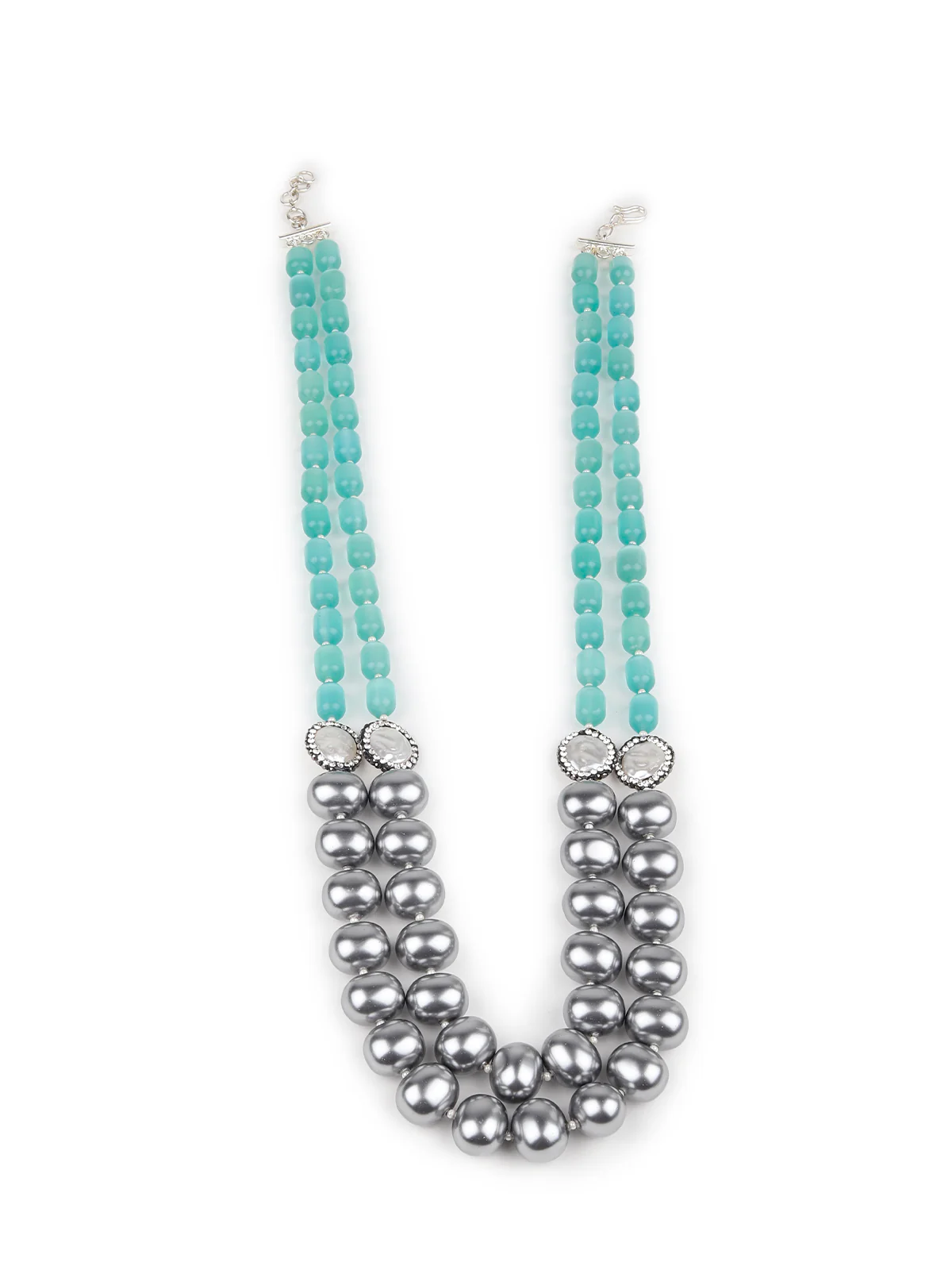 Odette Women Double Layered Sea Green Ad Grey Bead Neck Piece - Image 2
