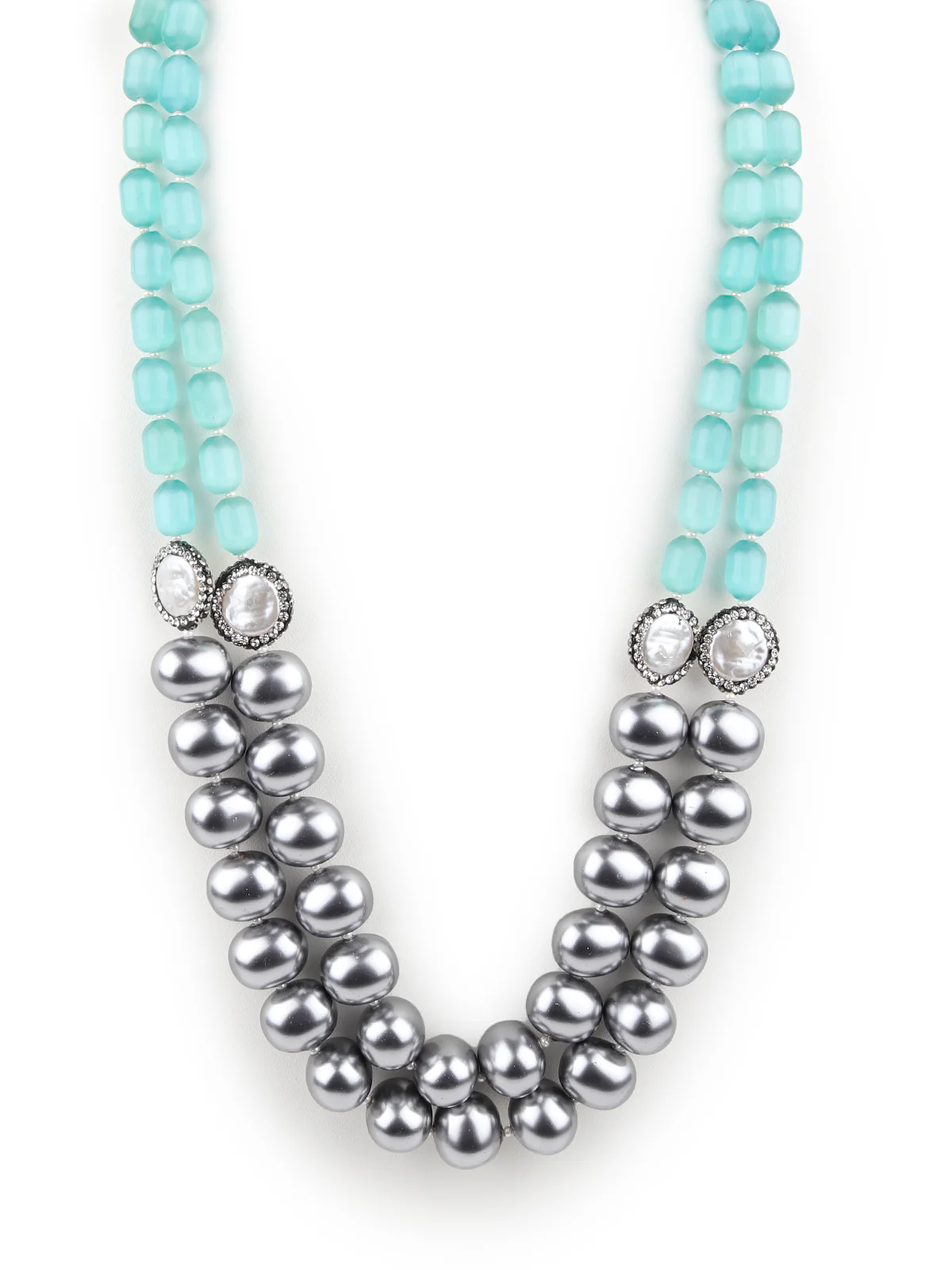 Odette Women Double Layered Sea Green Ad Grey Bead Neck Piece - Image 3
