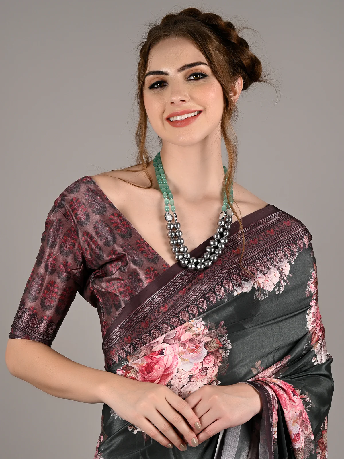 Odette Women Double Layered Sea Green Ad Grey Bead Neck Piece - Image 5