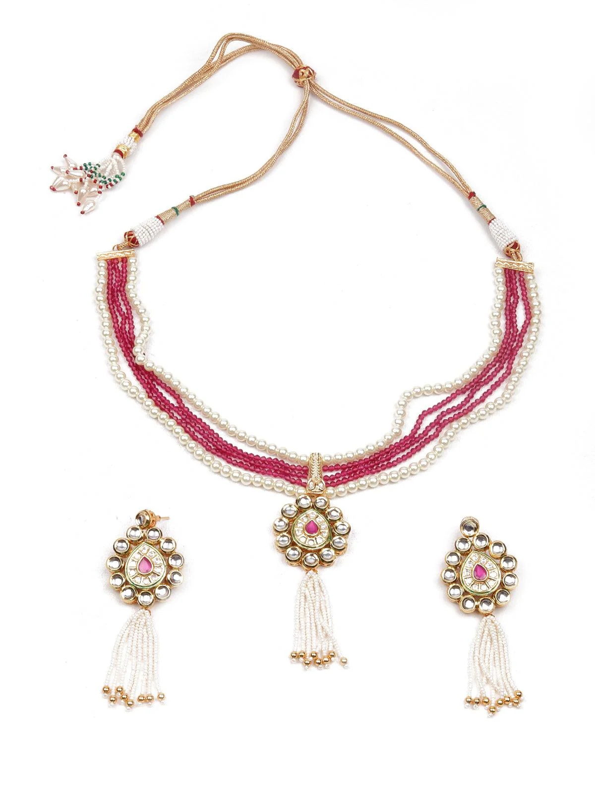 Odette Women Double Sided Pearl And Kundan Necklace Set - Image 3