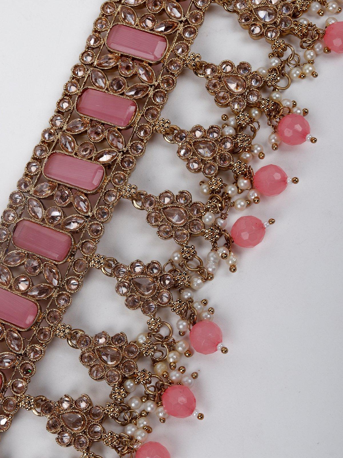 Odette Women Pink And Gold Pearls Choker Set - Image 6