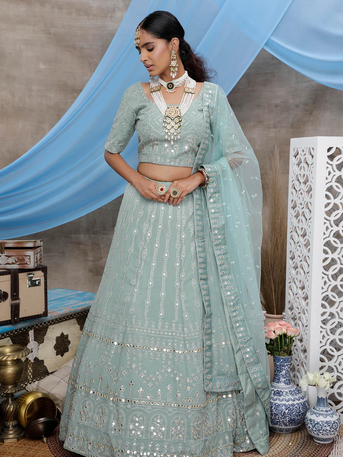 Odette Women Dusty Green Georgette Semi Stitched Lehenga With  Unstitched Blouse - Image 3