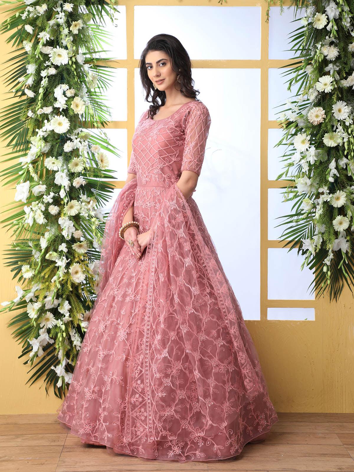 Odette Women Dusty Peach Net Semi Stitched Anarkali - Image 4