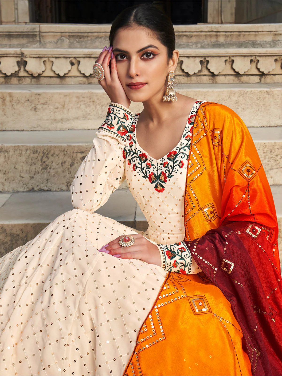 Odette Women Elegant Beige Georgette Semi Stitched Gown - Image 3