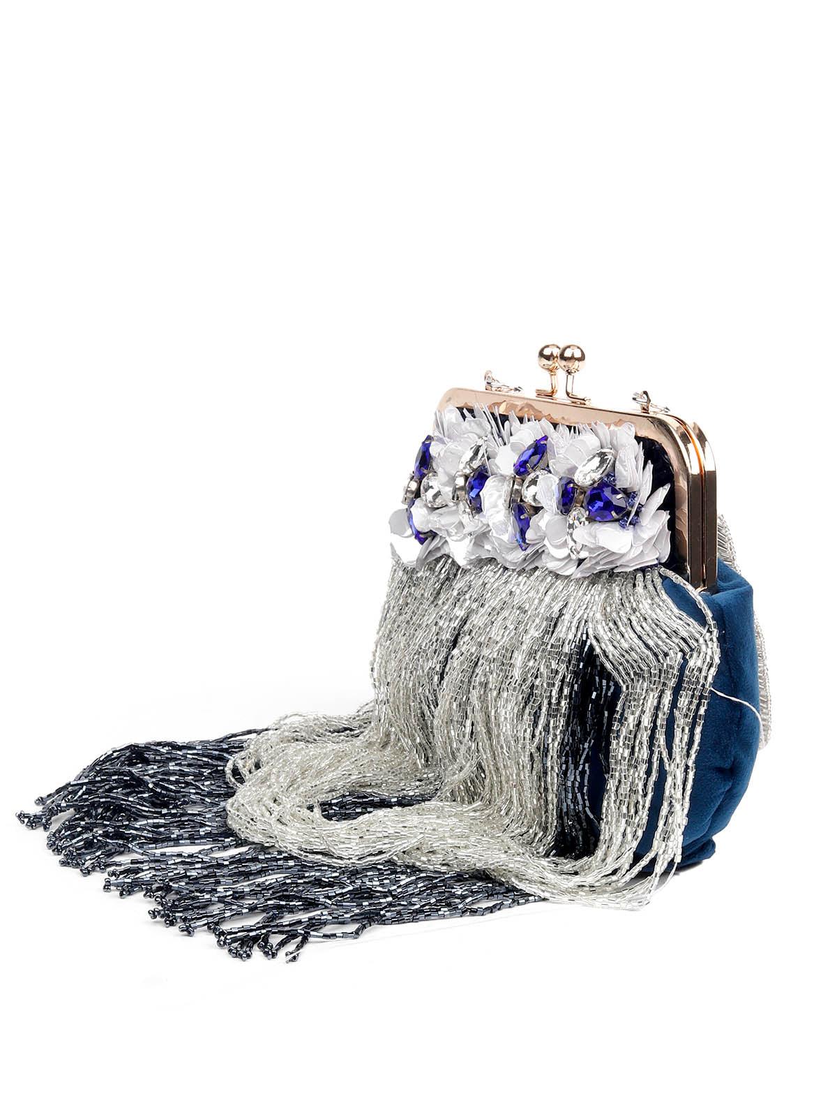 Odette Women Embellished Blue Clutch Bag With Tassels - Image 5