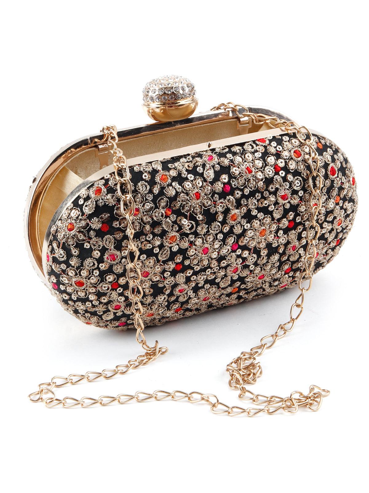 Odette Women Embroidered Black And Golden Clutch - Image 3