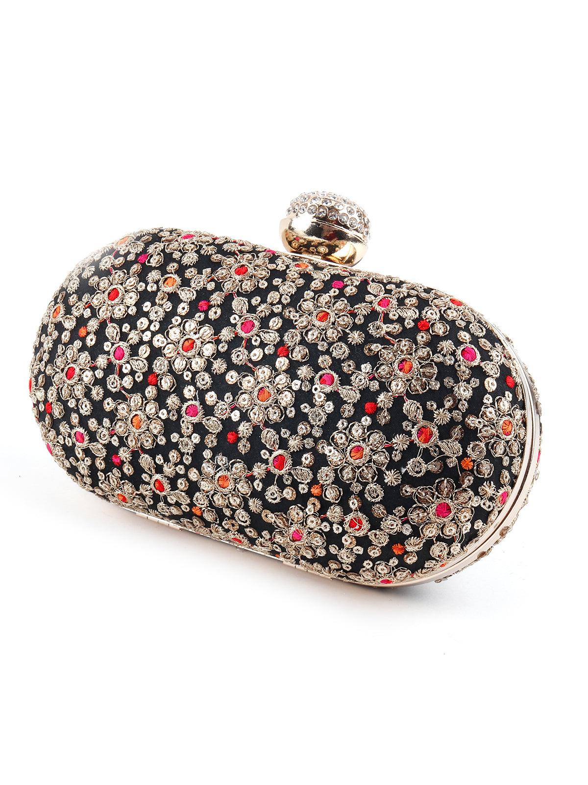 Odette Women Embroidered Black And Golden Clutch - Image 5