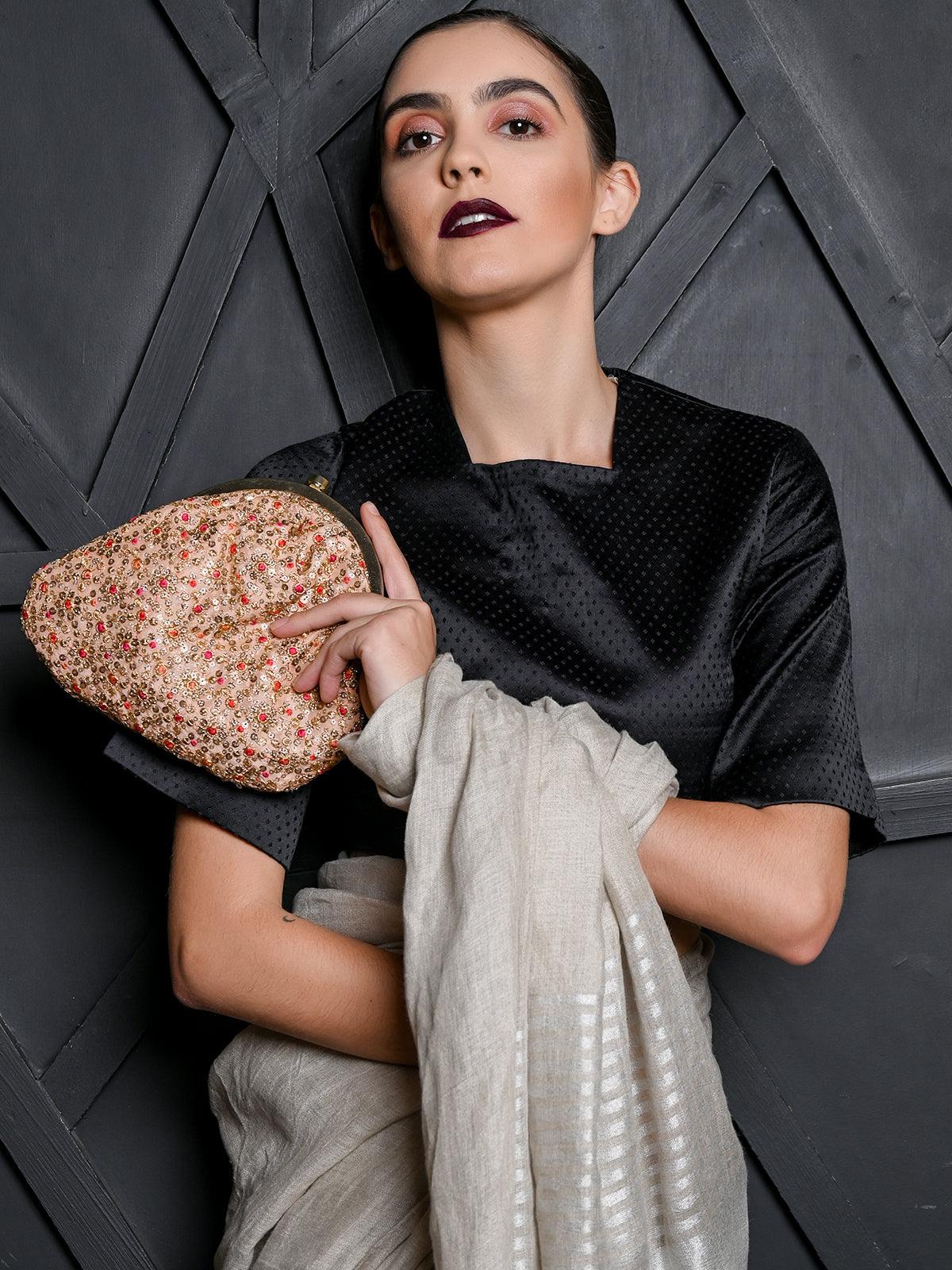 Odette Women Embroidered Pink And Golden Clutch - Image 2