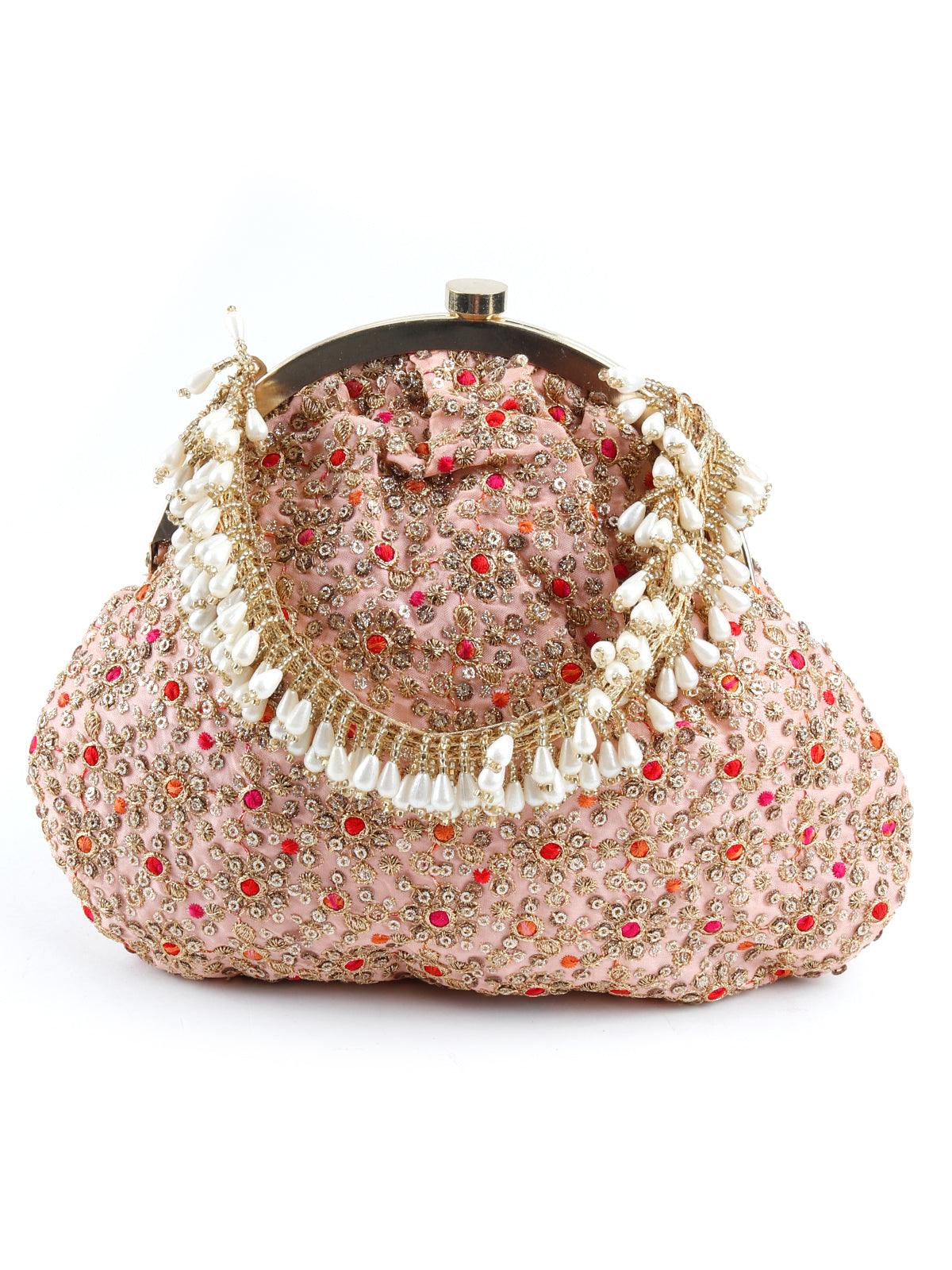 Odette Women Embroidered Pink And Golden Clutch - Image 3