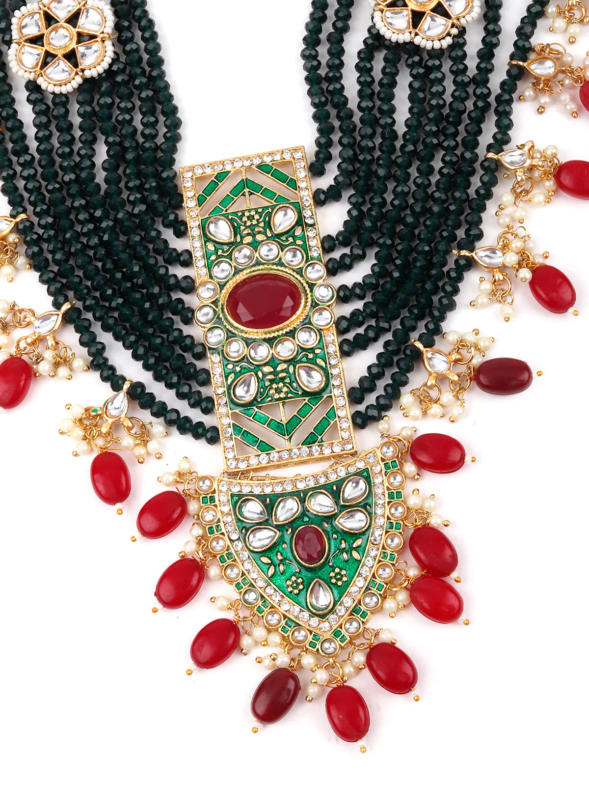 Odette Women Emerald Green With Ruby Beads Kundan Necklace - Image 3
