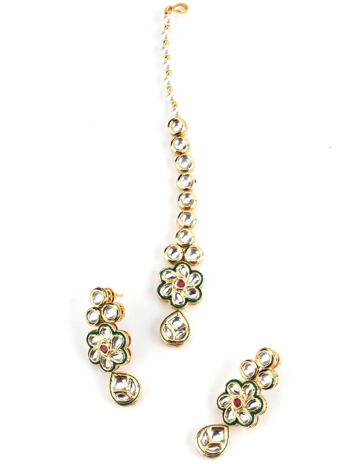 Odette Women Enticing Gold Tone Kundan Earrings With Maang-Teeka - Image 3