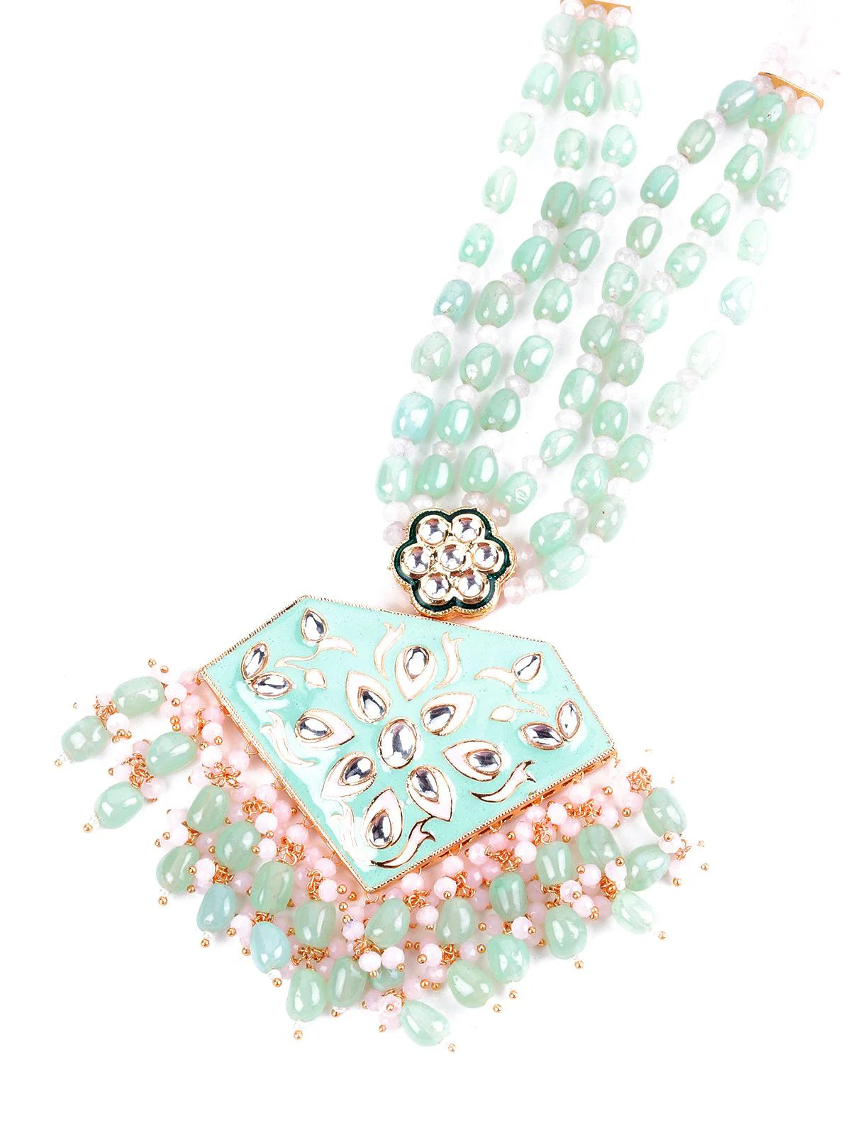 Odette Women Enticing Pistachio Green And Rose Quartz Necklace Set - Image 4