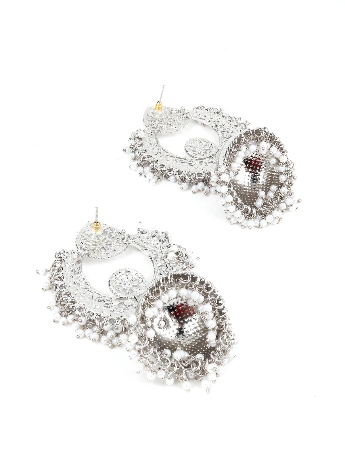 Odette Women Ethnic Silver White Beaded Jhumka - Image 4