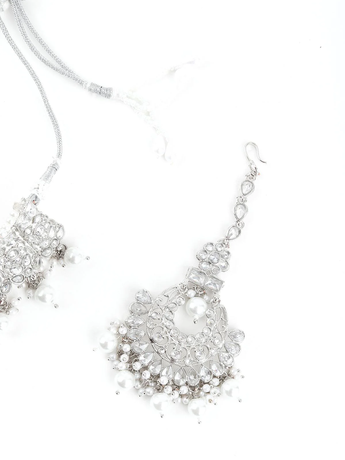 Odette Women Ethnic Silver Crystal Embellished Choker Necklace Set - Image 5