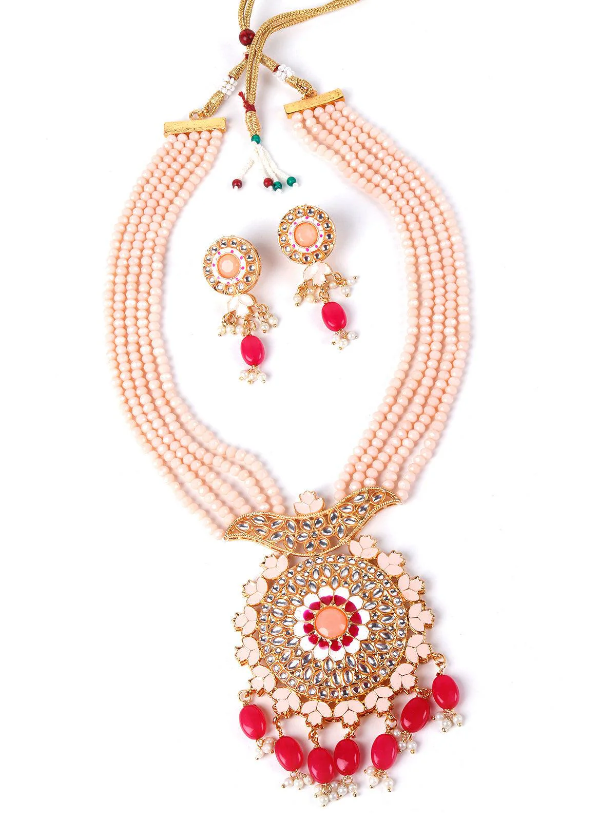 Odette Women Exquisite Peach Kundan Work Necklace Set - Image 3