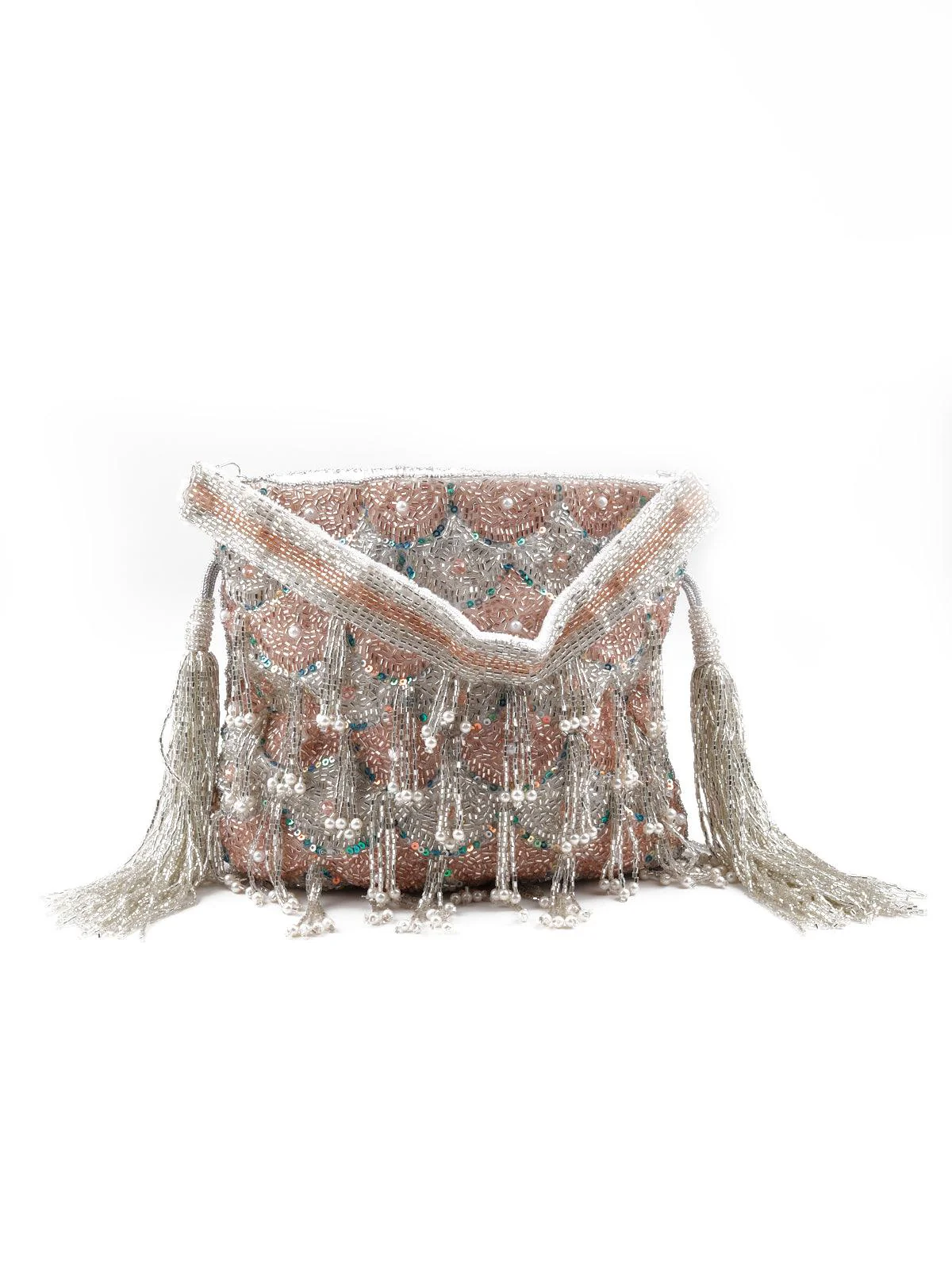 Odette Women Exquisite Silver Tassel Drop Beaded Potli - Image 3