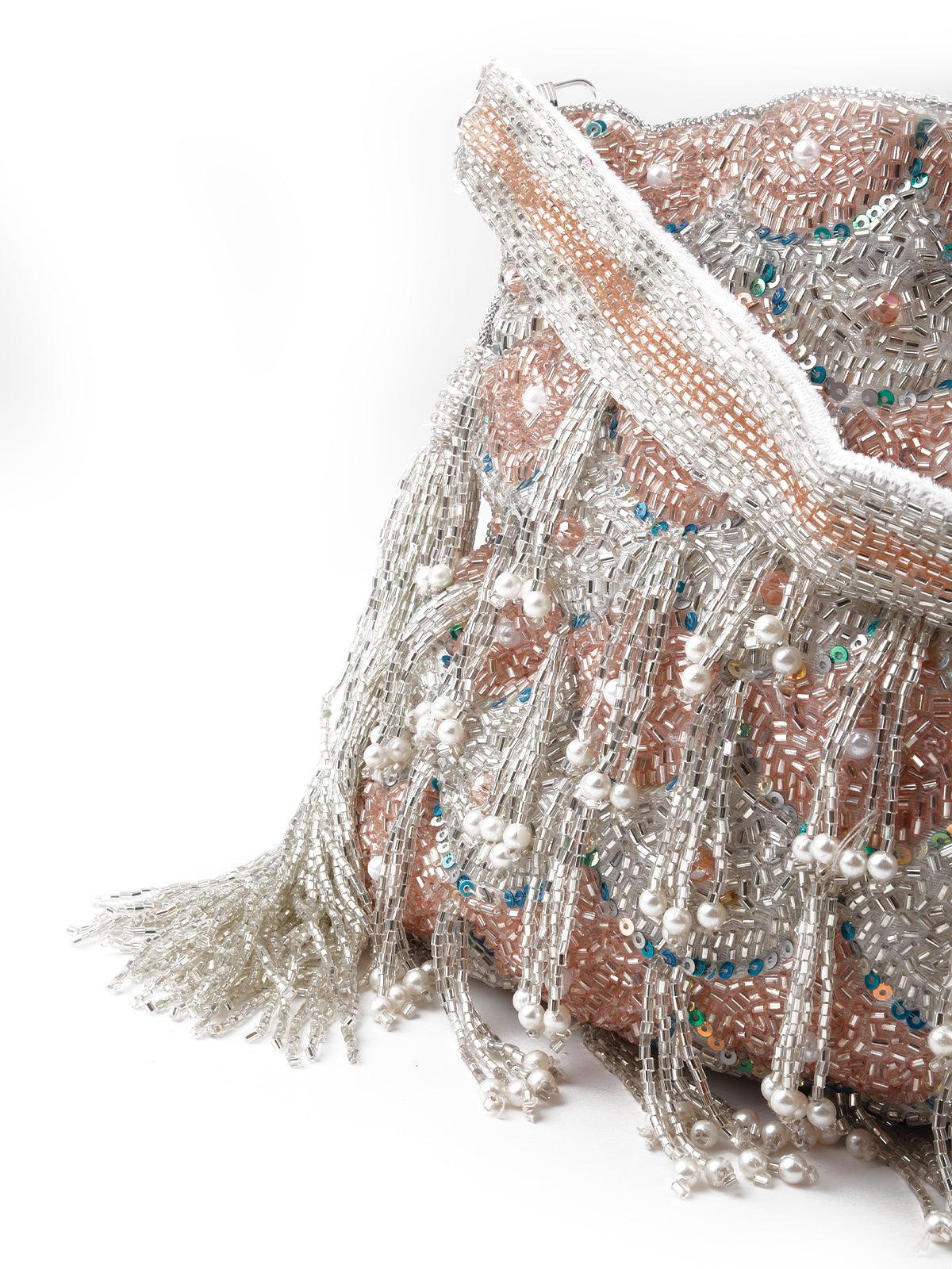 Odette Women Exquisite Silver Tassel Drop Beaded Potli - Image 5