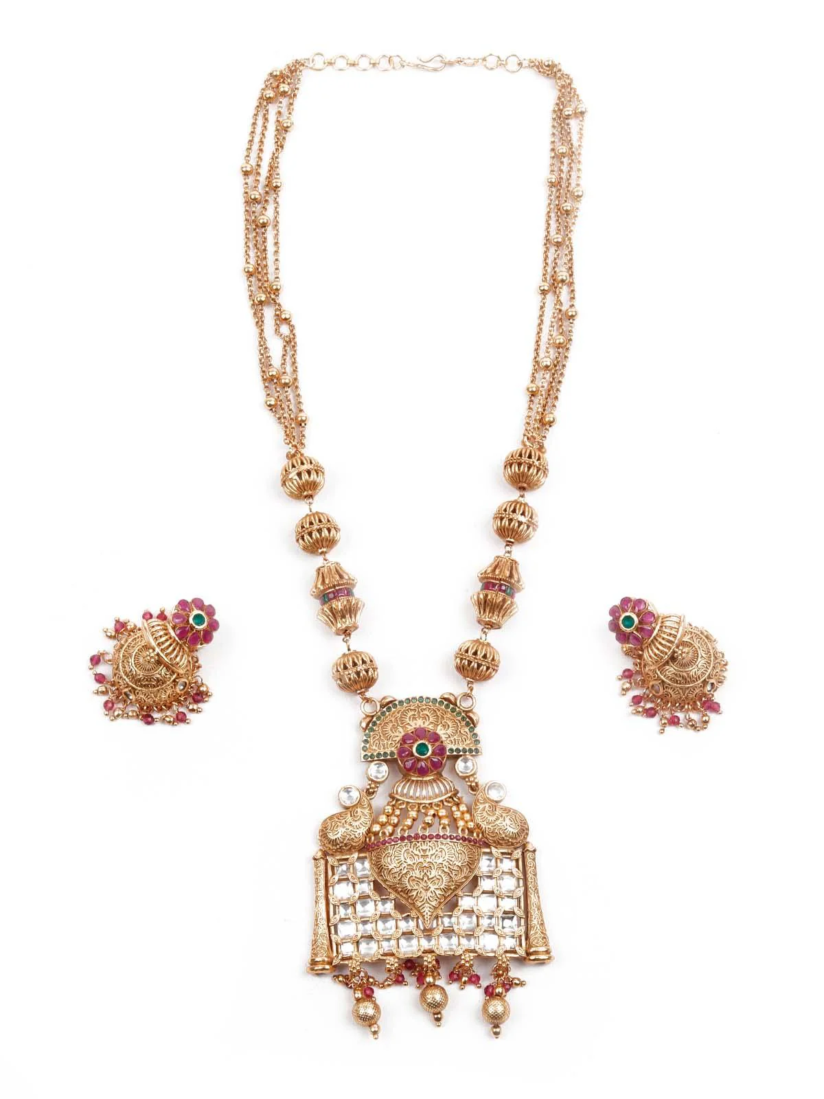 Odette Women Exquisitly Crafted Gold And Pink Long Necklace Set - Image 3