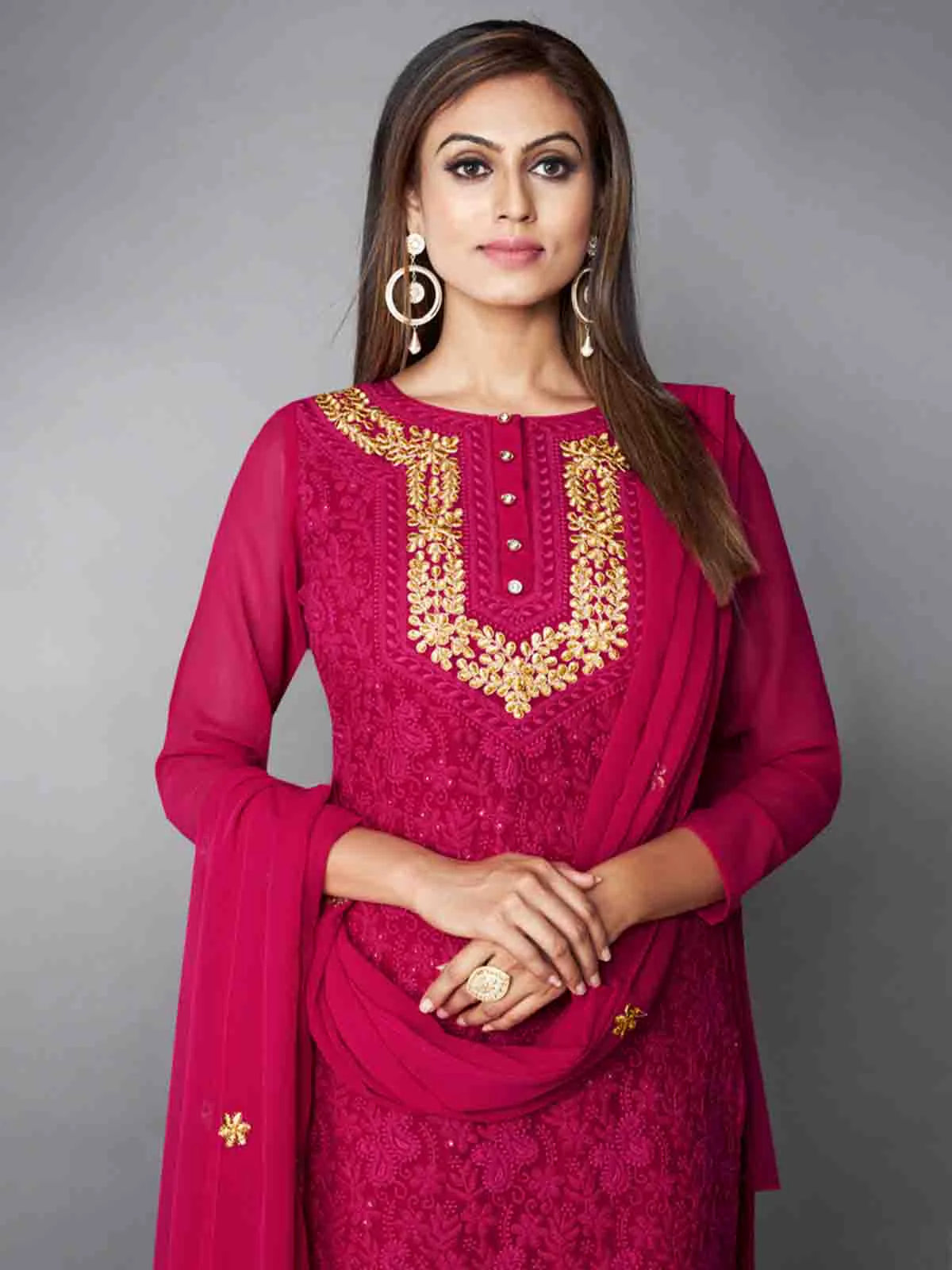 Odette Women Fancy Pink Semi Stitched Kurta Set - Image 2
