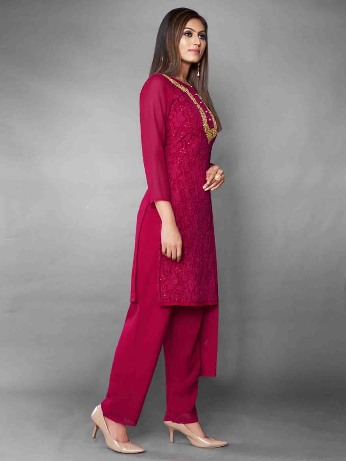 Odette Women Fancy Pink Semi Stitched Kurta Set - Image 3