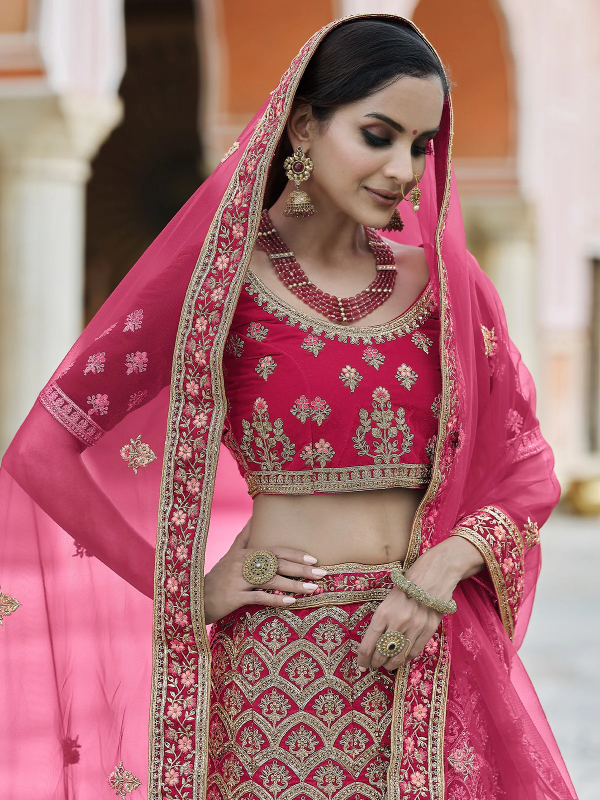 Odette Women Fancy Pink Semi Stitched Lehenga With Unstitched Blouse - Image 2