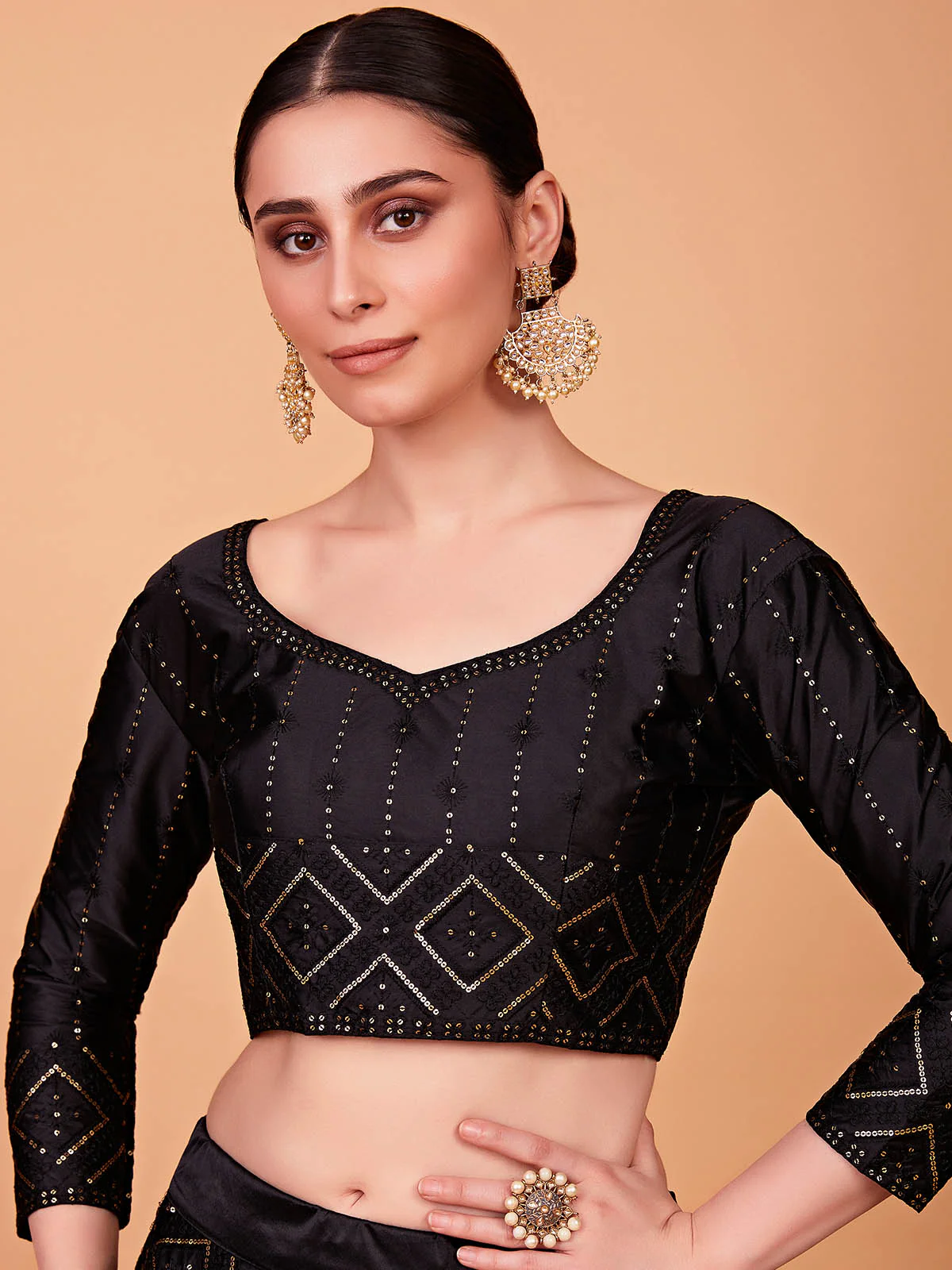 Odette Women Fashionable Black Embroidered Semi Stitched Lehenga With Unstitched Blouse - Image 3
